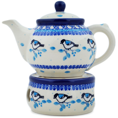 Polish Pottery Tea or Coffe Pot with Heater 15 oz Winter Sparrow
