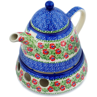 Polish Pottery Tea or Coffe Pot with Heater 39 oz Midsummer Bloom