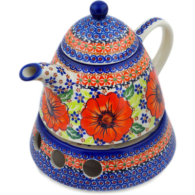 Polish Pottery Tea or Coffe Pot with Heater 39 oz Orange Zinnia UNIKAT