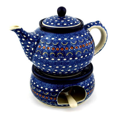 Polish Pottery Tea or Coffe Pot with Heater 40 oz Blue Horizons