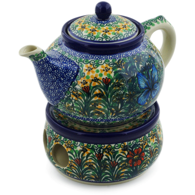 Polish Pottery Tea or Coffe Pot with Heater 40 oz Butterfly Holly UNIKAT