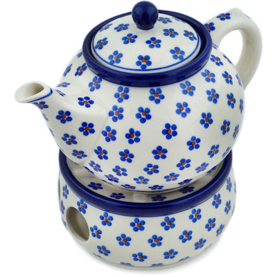 Polish Pottery Tea or Coffe Pot with Heater 40 oz Daisy Dots
