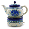 Polish Pottery Tea or Coffe Pot with Heater 40 oz Forget Me Not UNIKAT