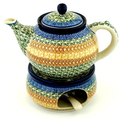 Polish Pottery Tea or Coffe Pot with Heater 40 oz Grecian Sea