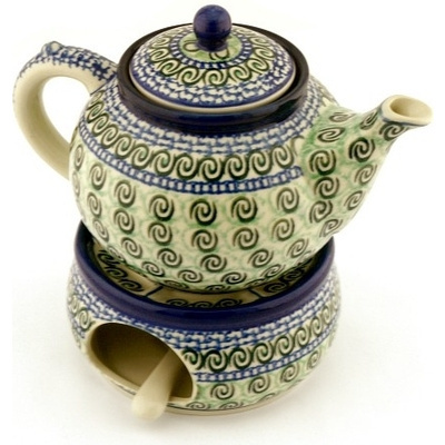 Polish Pottery Tea or Coffe Pot with Heater 40 oz Green Galaxy
