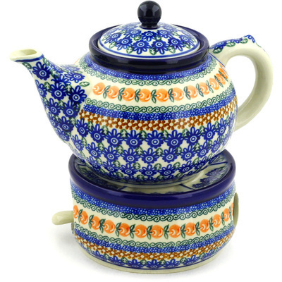 Polish Pottery Tea or Coffe Pot with Heater 40 oz