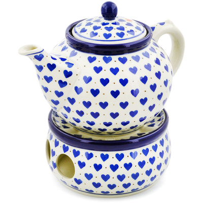 Polish Pottery Tea or Coffe Pot with Heater 40 oz Heart Of Hearts