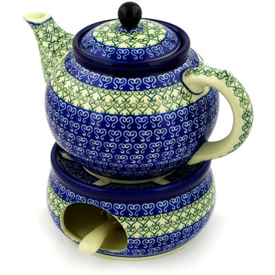 Polish Pottery Tea or Coffe Pot with Heater 40 oz Lovely Heart