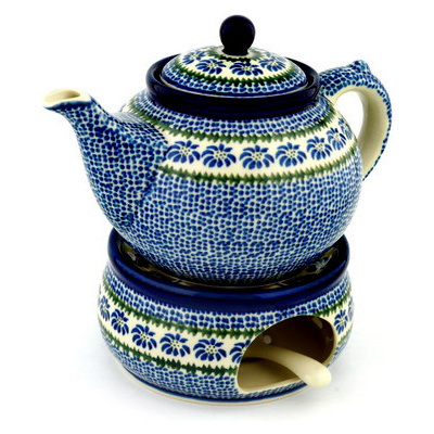 Polish Pottery Tea or Coffe Pot with Heater 40 oz Polka Dot Daisy