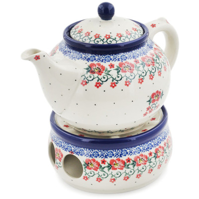 Polish Pottery Tea or Coffe Pot with Heater 40 oz Red Primrose