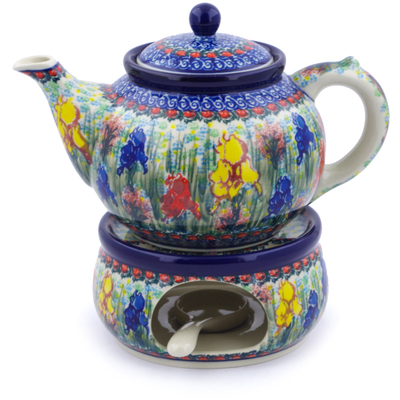Polish Pottery Tea or Coffe Pot with Heater 40 oz Spring Iris UNIKAT