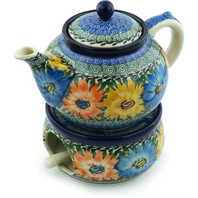 Polish Pottery Tea or Coffe Pot with Heater 40 oz Summer Dance UNIKAT