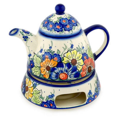 Polish Pottery Tea or Coffe Pot with Heater 40 oz Summertime Blues UNIKAT