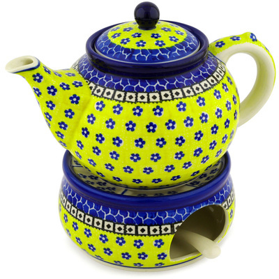 Polish Pottery Tea or Coffe Pot with Heater 40 oz Sunburst Daisies