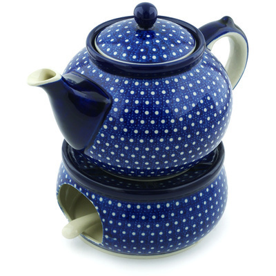 Polish Pottery Tea or Coffe Pot with Heater 40 oz White Polka Dot UNIKAT