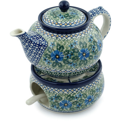 Polish Pottery Tea or Coffe Pot with Heater 40 oz Wild Diamonds UNIKAT