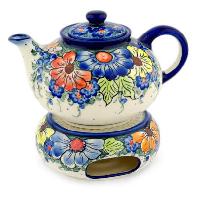 Polish Pottery Tea or Coffe Pot with Heater 44 oz Summertime Blues UNIKAT