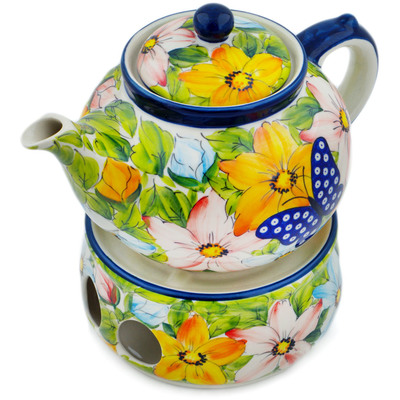 Polish Pottery Tea or Coffe Pot with Heater 47 oz Floral Peacock Butterfly