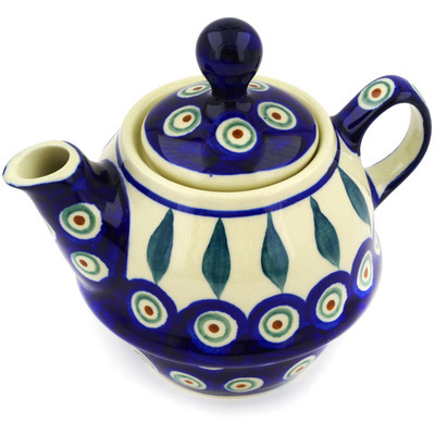 Polish Pottery Tea or Coffee Pot 10 oz Peacock Leaves