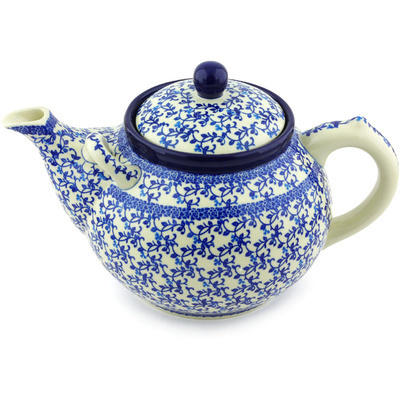 Polish Pottery Tea or Coffee Pot 105 oz Blue Floral Lace