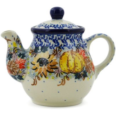 Polish Pottery Tea or Coffee Pot 13 oz Autumn Falling Leaves UNIKAT