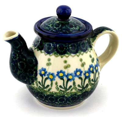 Polish Pottery Tea or Coffee Pot 13 oz Blue Daisy Circle