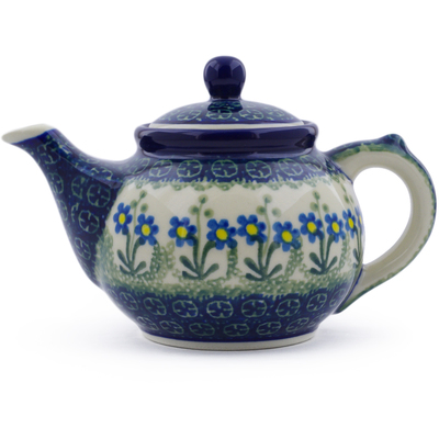 Polish Pottery Tea or Coffee Pot 13 oz Blue Daisy Circle