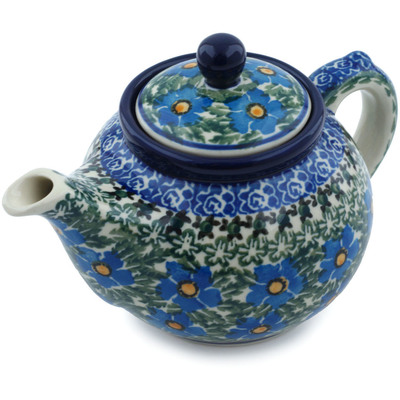 Polish Pottery Tea or Coffee Pot 13 oz Blue Daisy Dream UNIKAT