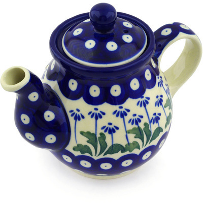 Polish Pottery Tea or Coffee Pot 13 oz Blue Daisy Peacock