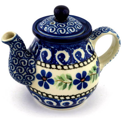 Polish Pottery Tea or Coffee Pot 13 oz Blue Daisy Swirls