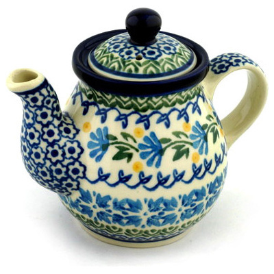 Polish Pottery Tea or Coffee Pot 13 oz Blue Fan Flowers