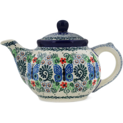 Polish Pottery Tea or Coffee Pot 13 oz Blue Flutterfly UNIKAT