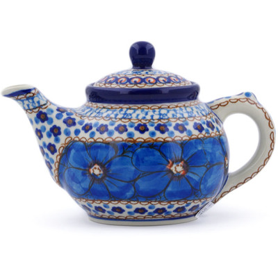 Polish Pottery Tea or Coffee Pot 13 oz Blue Poppies UNIKAT