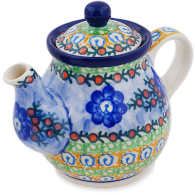 Polish Pottery Tea or Coffee Pot 13 oz Blue Poppy Circle UNIKAT
