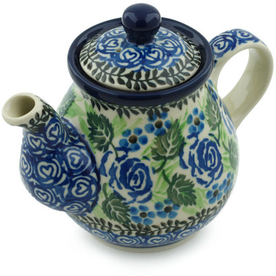 Polish Pottery Tea or Coffee Pot 13 oz Blue Rose Garden