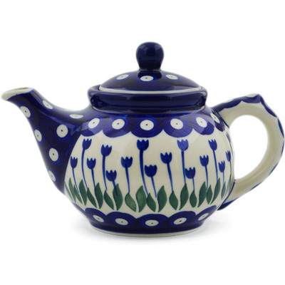 Polish Pottery Tea or Coffee Pot 13 oz Blue Tulip Peacock