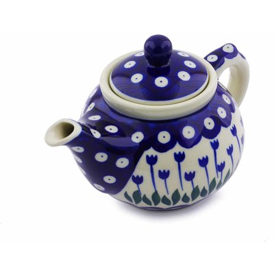 Polish Pottery Tea or Coffee Pot 13 oz Blue Tulip Peacock