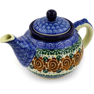 Polish Pottery Tea or Coffee Pot 13 oz Brown Flower Swirl