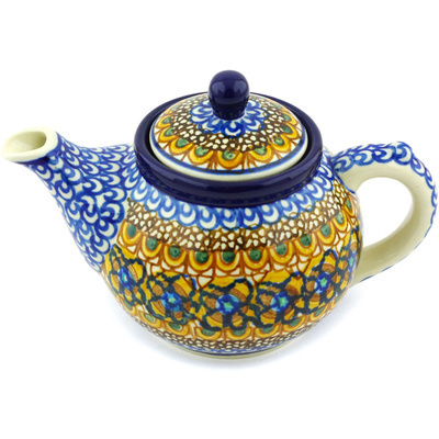 Polish Pottery Tea or Coffee Pot 13 oz Brown Mardi Gras UNIKAT