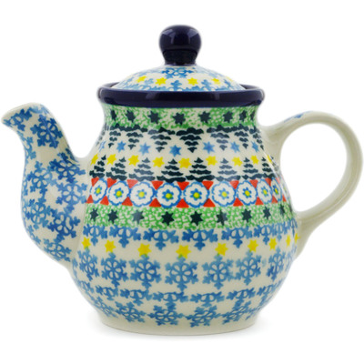 Polish Pottery Tea or Coffee Pot 13 oz Christmas Forest UNIKAT
