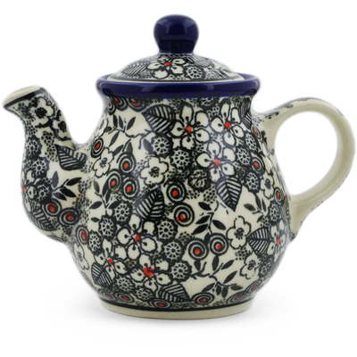 Polish Pottery Tea or Coffee Pot 13 oz Classic Black And White UNIKAT