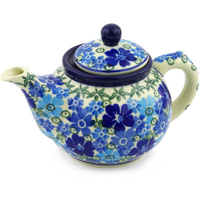 Polish Pottery Tea or Coffee Pot 13 oz Fields Of Blue UNIKAT