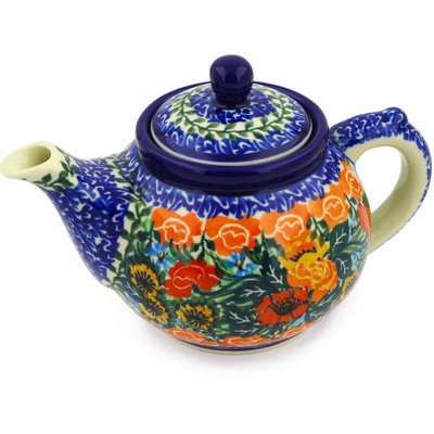 Polish Pottery Tea or Coffee Pot 13 oz Fiery Bouquet UNIKAT