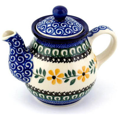 Polish Pottery Tea or Coffee Pot 13 oz Golden Daisy Swirl
