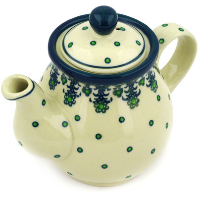 Polish Pottery Tea or Coffee Pot 13 oz Green Dots