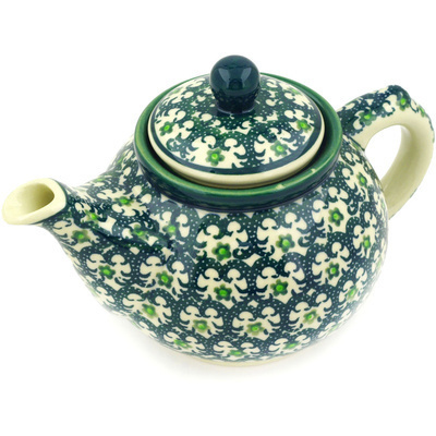 Polish Pottery Tea or Coffee Pot 13 oz Green Garlands
