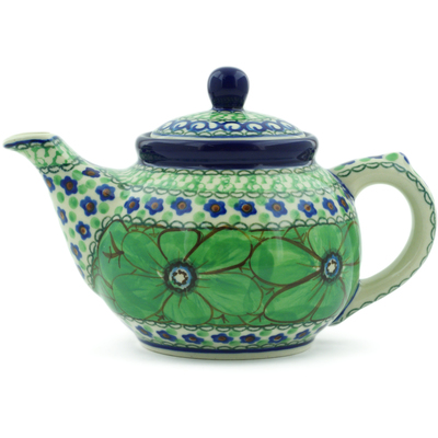 Polish Pottery Tea or Coffee Pot 13 oz Green Pansies UNIKAT
