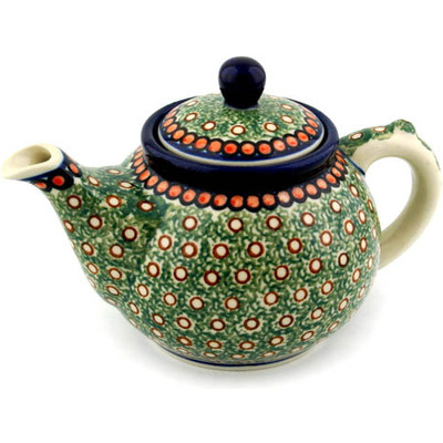 Polish Pottery Tea or Coffee Pot 13 oz Green Polka Dot