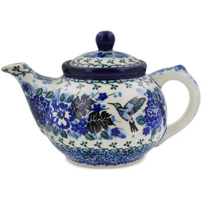 Polish Pottery Tea or Coffee Pot 13 oz Hummingbird Blue UNIKAT