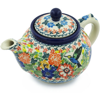 Polish Pottery Tea or Coffee Pot 13 oz Hummingbird Meadow UNIKAT